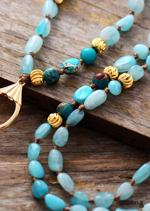 Boho Necklace, Seed Beads Blue Amazonite